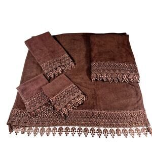 Vintage Bath Towel Set 5pc Lace Trim Detail Bathroom Decor Mocha Brown